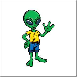 Cute Green Cartoon Alien wearing Clothes Posters and Art